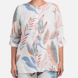 Flowy Lightweight  Linen White Tropical Print Tunic Top Blouse | Cynthia Rowley